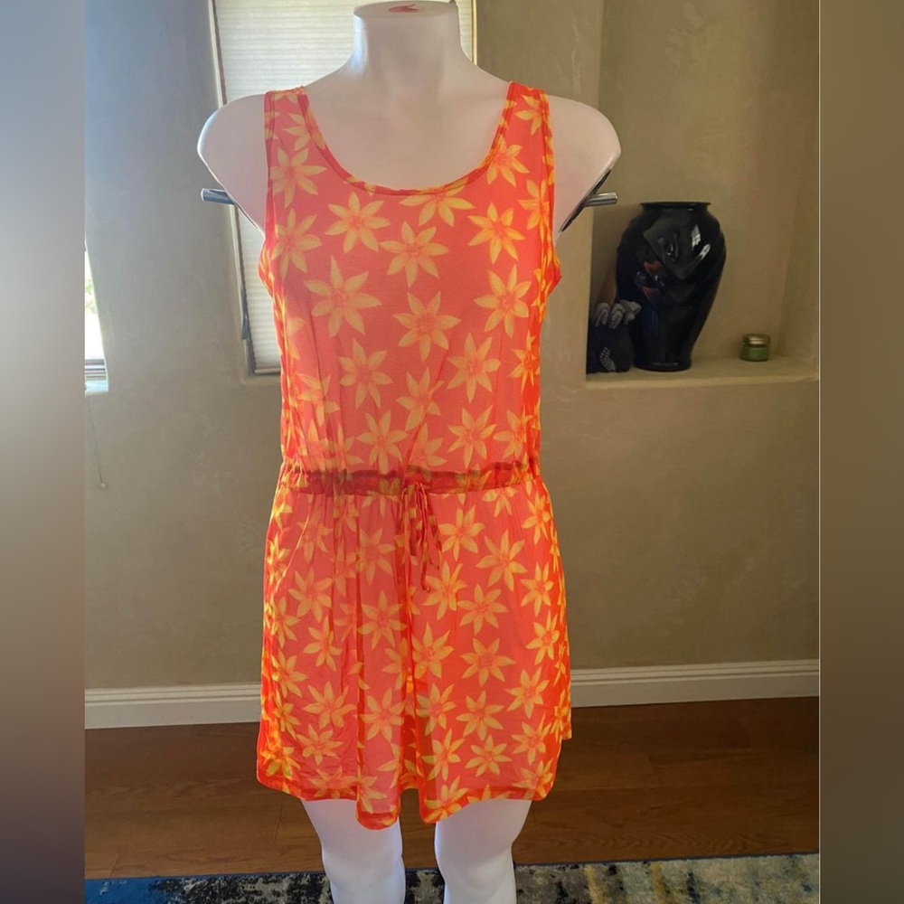 Womens Orange Floral Print Swimsuit Coverup Dress Sz Medium